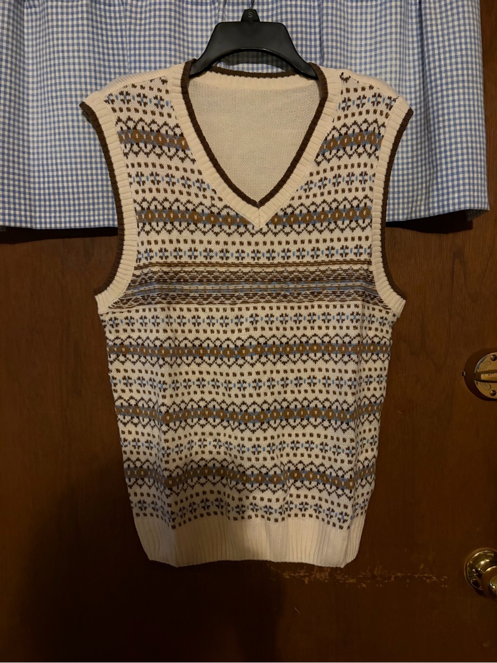 SHEIN Cream Fair Isle V-Neck Sweater Vest with Brown Accents